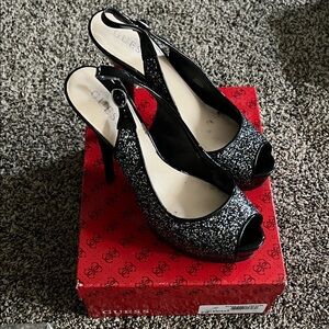 Guess Black Glitter Peep-Toe Slingback Heels